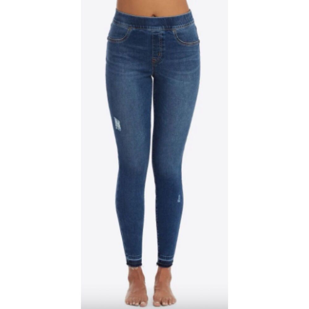 SPANX Jeans Size XL Pull On Jeggings Skinny Denim Stretch Raw‎ Hem Distressed
